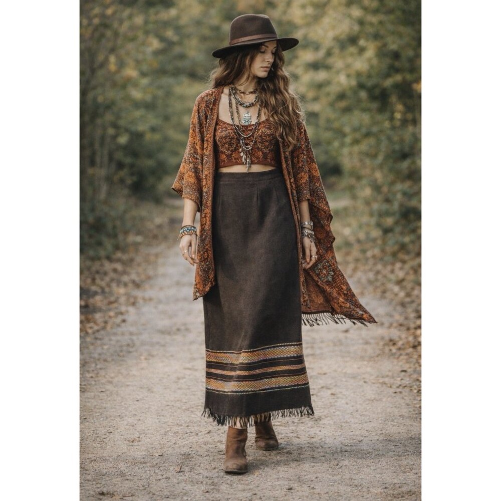 Vtg Easy Pieces Maxi Skirt Sz 10 Fringe Wool Blend Retro Boho Hippie Indie